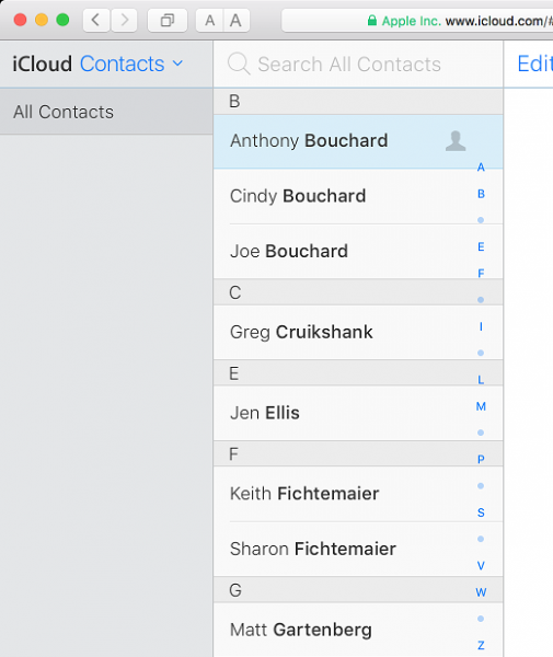 iCloud Contacts in a web browser with a contact selected in the list