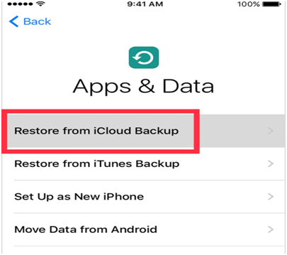 iPhone Apps & Data setup screen with Restore from iCloud Backup highlighted