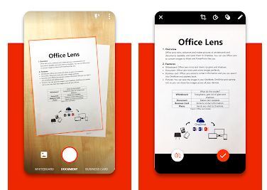 Office Lens capturing a document on a desk, then the cropped scan