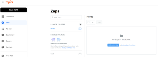 Zapier Zaps page with the Make a New Zap button in an empty folder