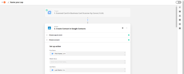 Zapier Set up action step mapping the scanned card's first and last name to Google Contacts fields