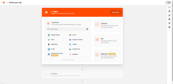 Zapier Trigger step with the app search box for choosing the trigger app