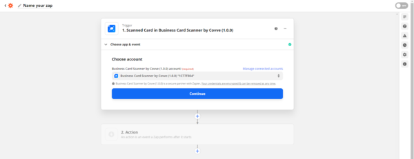 Zapier Choose account step with the Covve Scan account and its identifier selected