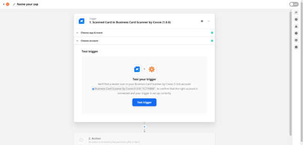 Zapier Test trigger step for the Covve Scan account, with the Test trigger button