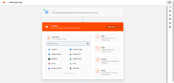 Zapier Action step with the app search box, listing Google Contacts among the apps