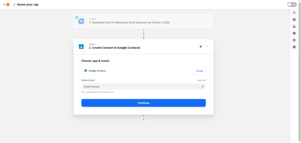 Zapier action Create Contact in Google Contacts with the Continue button