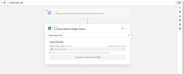Zapier Create Contact in Google Contacts step asking to choose the Google Contacts account