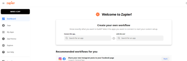 Zapier dashboard with the Create your own workflow app search