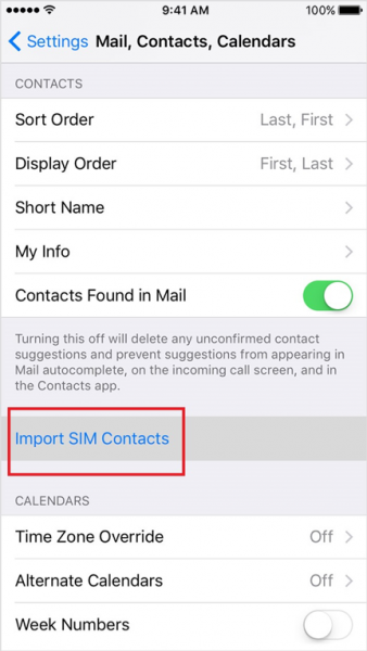 iPhone Mail, Contacts, Calendars settings with Import SIM Contacts highlighted