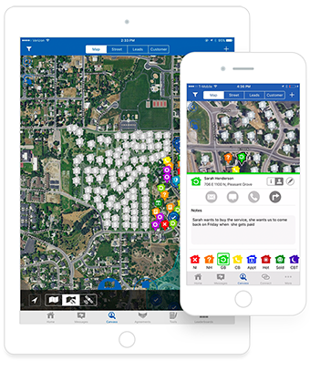 SalesRabbit app on a tablet and phone, showing a map of leads and a lead's details