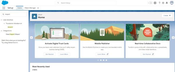 Salesforce Setup with Import typed in Quick Find, showing Data Import Wizard