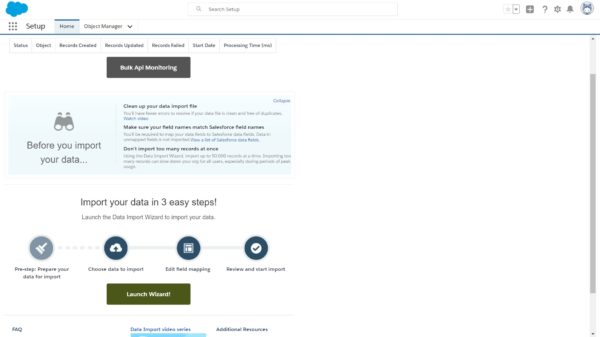 Salesforce Data Import Wizard page with the Launch Wizard! button