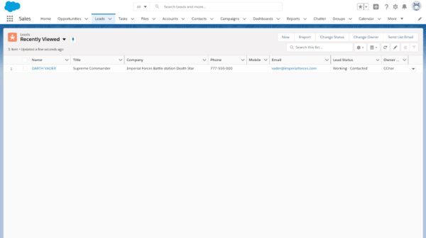 Salesforce Leads list showing the new lead created from the scanned card