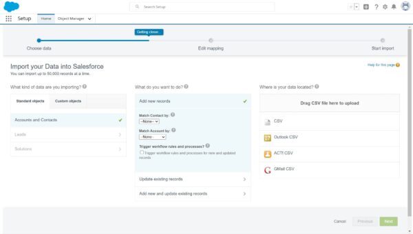 Salesforce data import with Accounts and Contacts and Add new records selected, with the Match Contact by menu