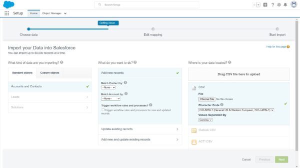 Salesforce data import with CSV chosen as the data location and the file upload options