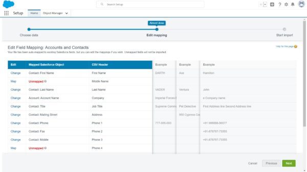 Salesforce Edit Field Mapping screen matching CSV headers to Salesforce contact fields