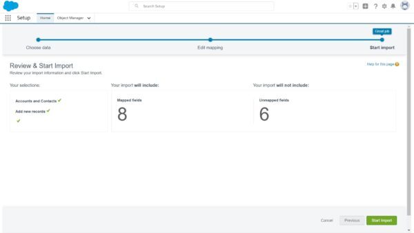 Salesforce Review & Start Import screen with the mapped and unmapped field counts and Start Import