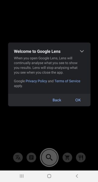 Welcome to Google Lens dialog with the OK button