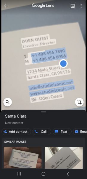 Google Lens reading a business card, with Add contact among the options below