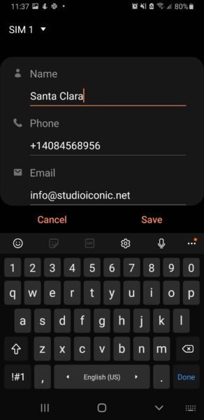 New Android contact with the name, phone and email copied from the card, and the Save button