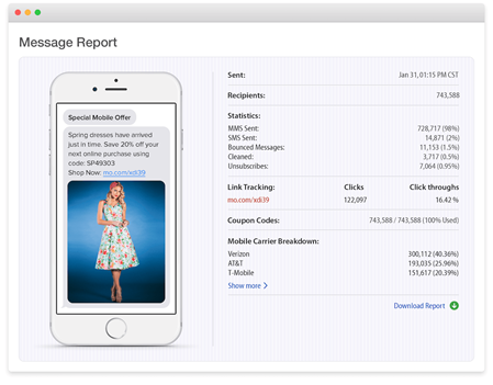SMS campaign message report with recipients, delivery statistics, link clicks and coupon codes