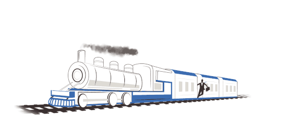 Illustration of a businessman jumping off a moving steam train