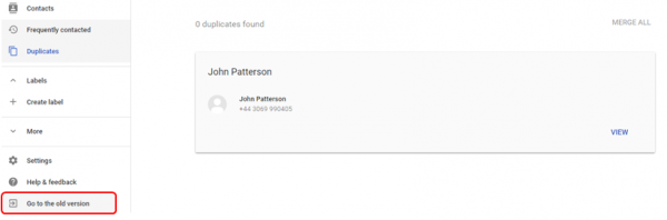 Google Contacts sidebar with Go to the old version highlighted