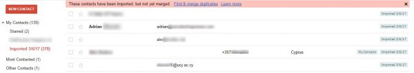 Imported contacts in a new Imported group, with the Find & merge duplicates link in the top bar