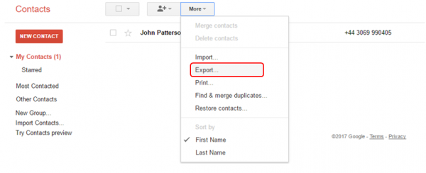 Old Google Contacts with the More menu open and Export highlighted