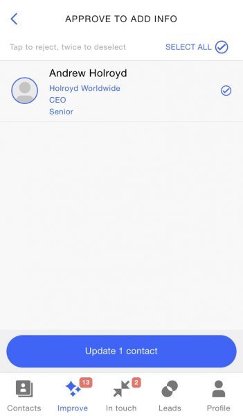 Covve Approve to Add Info screen with new details found for the scanned contact
