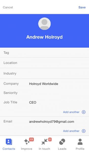 New Covve contact filled in from the scanned card, with company, job title and email
