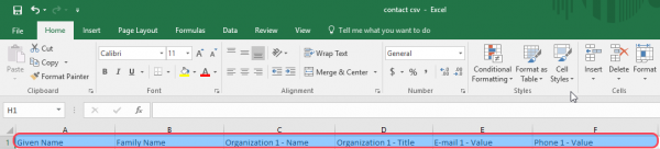 Excel showing the renamed column headings, such as Given Name and E-mail 1 - Value, for Gmail