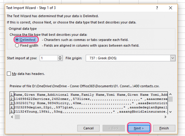 Excel Text Import Wizard step 1 with Delimited selected and Next highlighted