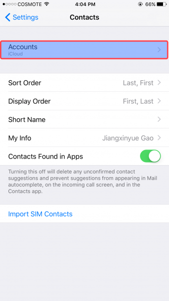 iPhone Contacts settings with Accounts highlighted