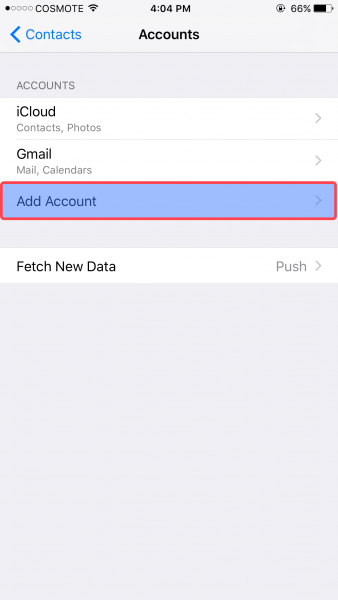 iPhone Accounts settings with Add Account highlighted