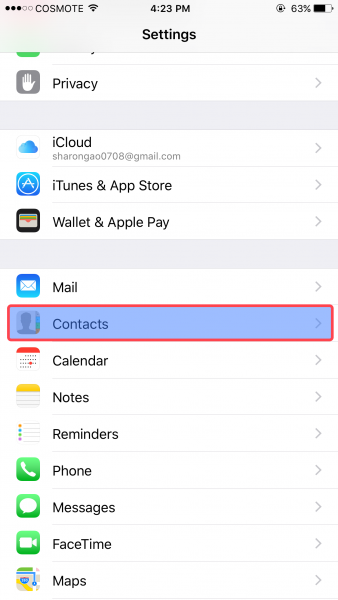 iPhone Settings with Contacts highlighted