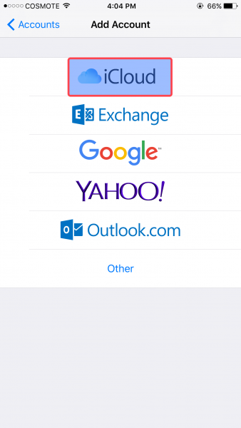 iPhone Add Account screen with iCloud highlighted