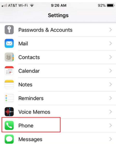 iPhone Settings list with Phone highlighted
