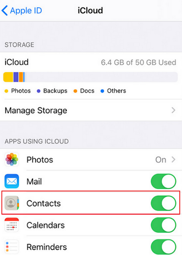 iPhone iCloud settings with the Contacts toggle turned on and highlighted