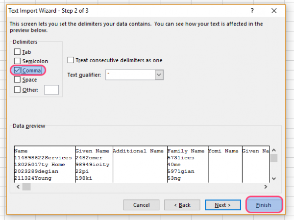 Excel Text Import Wizard step 2 with Comma checked and Finish highlighted