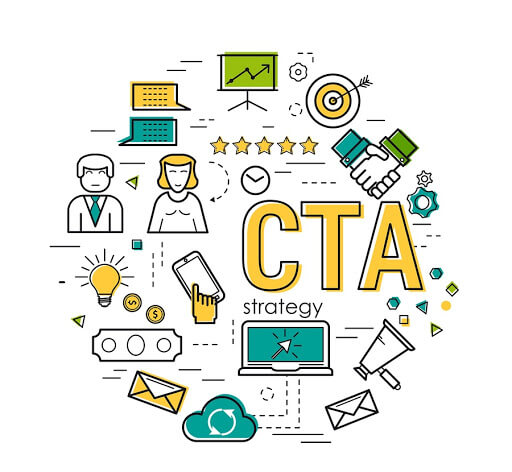 Illustration of the word CTA surrounded by marketing icons