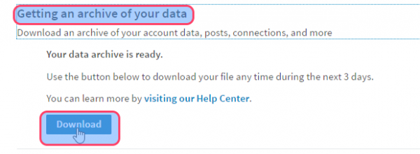 LinkedIn Getting an archive of your data page with the Download button highlighted