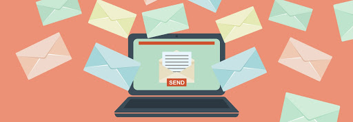 Illustration of a laptop sending an email, surrounded by envelopes