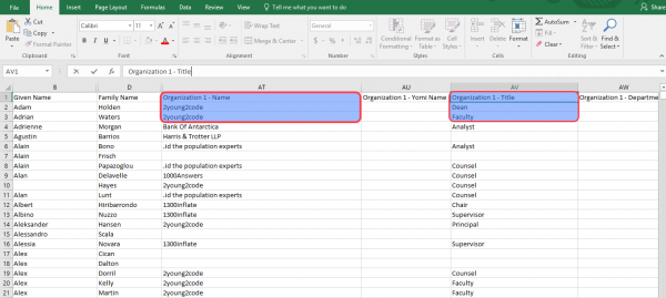 Exported Google contacts in Excel with the Organization 1 Name and Title columns highlighted