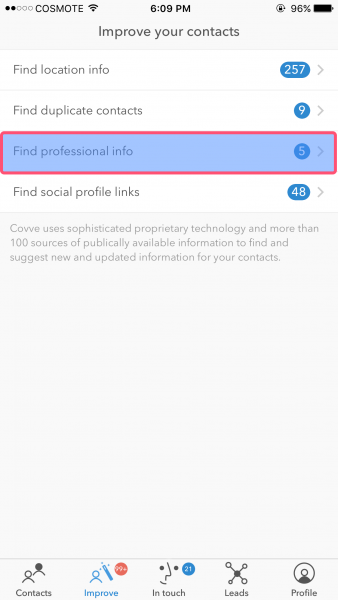 Covve Improve your contacts screen with Find professional info highlighted