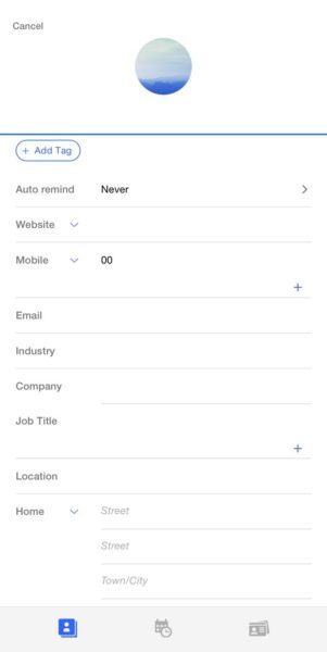 Blank Covve contact form with fields for mobile, email, company, job title and address
