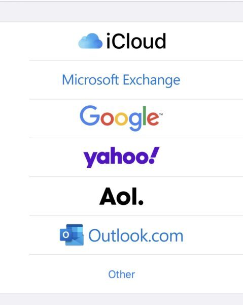 iPhone Add Account list with iCloud, Microsoft Exchange, Google, Yahoo, AOL and Outlook.com