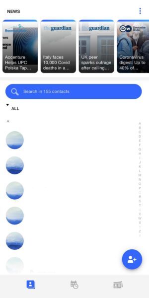 Covve contacts list with the add button at the bottom right