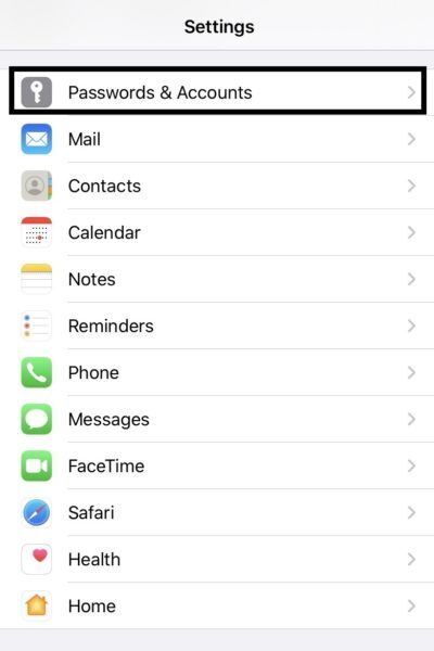 iPhone Settings with Passwords & Accounts highlighted