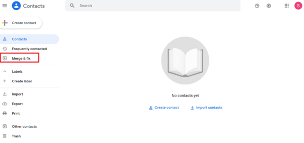Google Contacts sidebar with Merge & fix highlighted